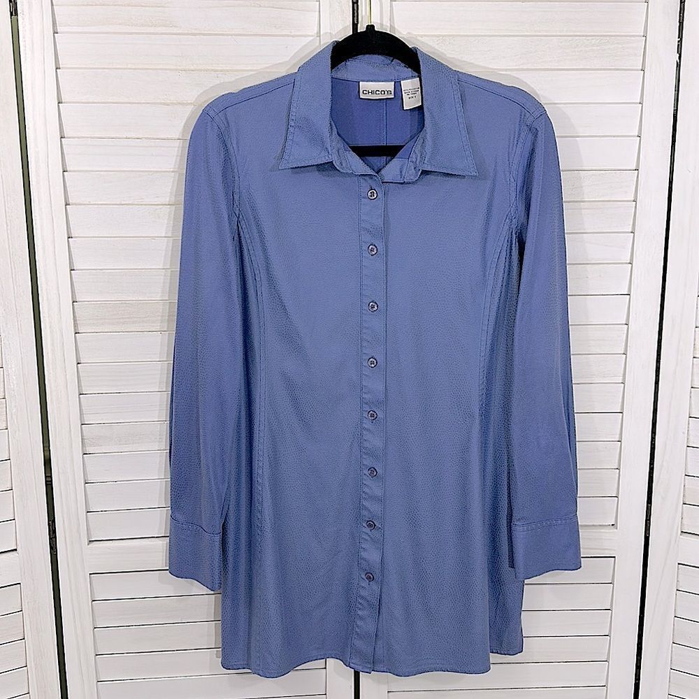 Chico’s Tunic Shirt Size 1 (8) Blue Long Sleeve - Picture 2 of 14